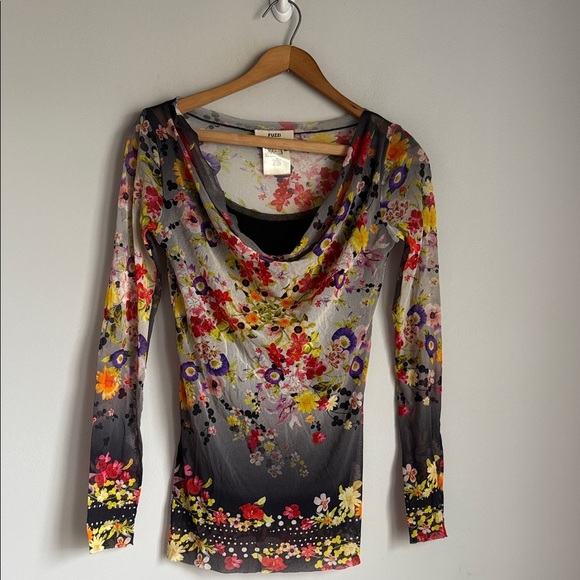 JPG Fuzzi Sheer Mesh Floral Long Sleeve Top – Cowl Neck Medium - Picture 1 of 9